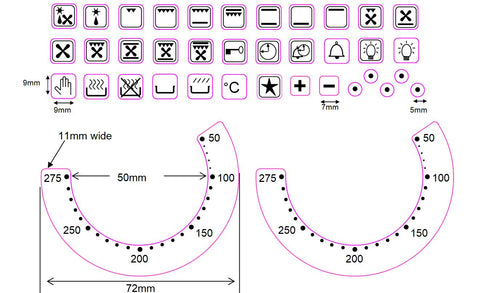 BUNDLE STICKER SET - 36 OVEN SYMBOLS + 2 OVEN TEMPERATURE STICKERS 50-275 WITH 50MM INNER DIAMETER